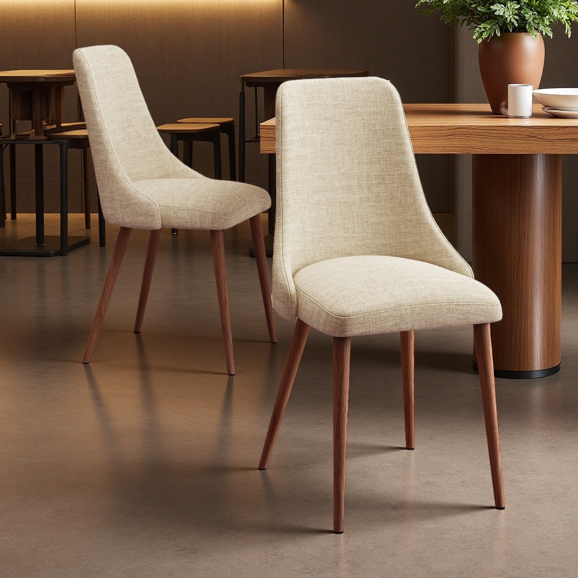 35.5"H Set of 2 Mid-Century Modern 100% Polyester Fabric Armless Dining Chair with Curved Back & Wood-Look Tapered Legs