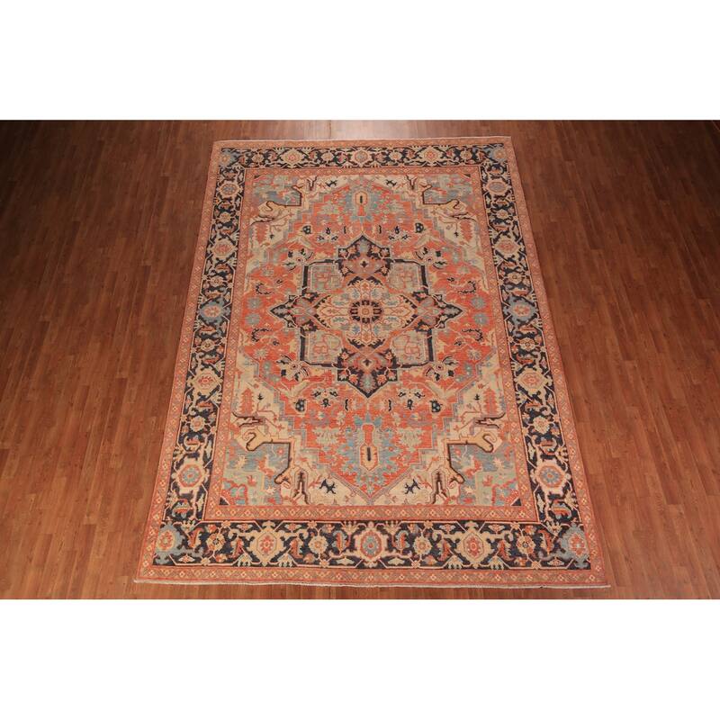 Vegetable Dye Heriz Oriental Area Rug Hand-Knotted Floral Wool Carpet - 8'9" x 12'5"