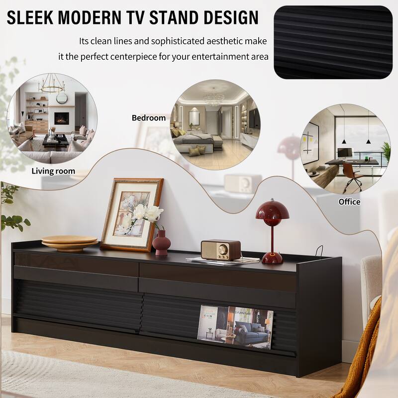 Anmytek Modern TV Stand 4 Drawers Tempered Glass Charging Ports LED Lighting Living Room Media Console
