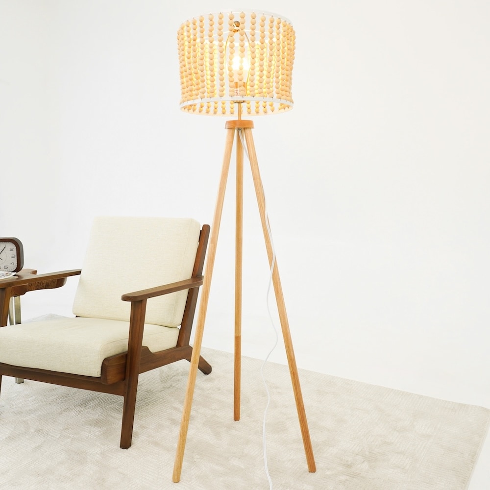 Sofi Natural Wood Tripod Floor Lamp with Beaded Shade
