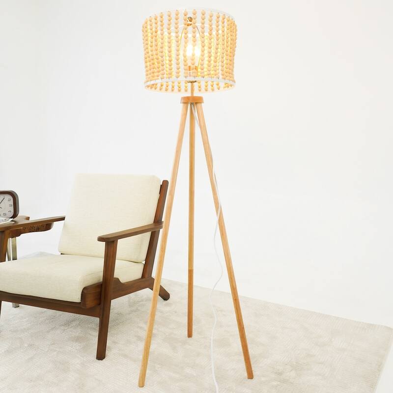 Sofi Natural Wood Tripod Floor Lamp with Beaded Shade - Walnut