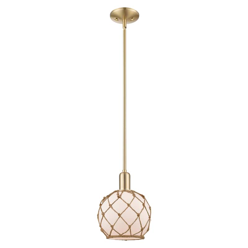 Innovations Lighting Endless Possibilities Arcadia - Farmhouse Rope - 1 Light 8" Stem Hung Mini Pendant - White Glass with Brown Rope/Champagne Bronze