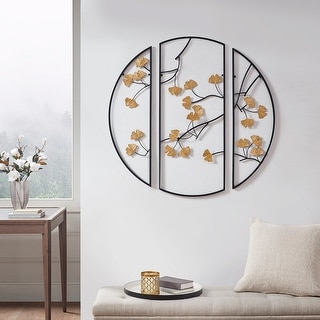 3-Piece Metal Wall Decor Set , Gold Ginkgo Leaves on Black Frame Metal Wall Decor Set, 9.5x31.3x0.8 in. (2)/14.6x35.4x0.8 in.