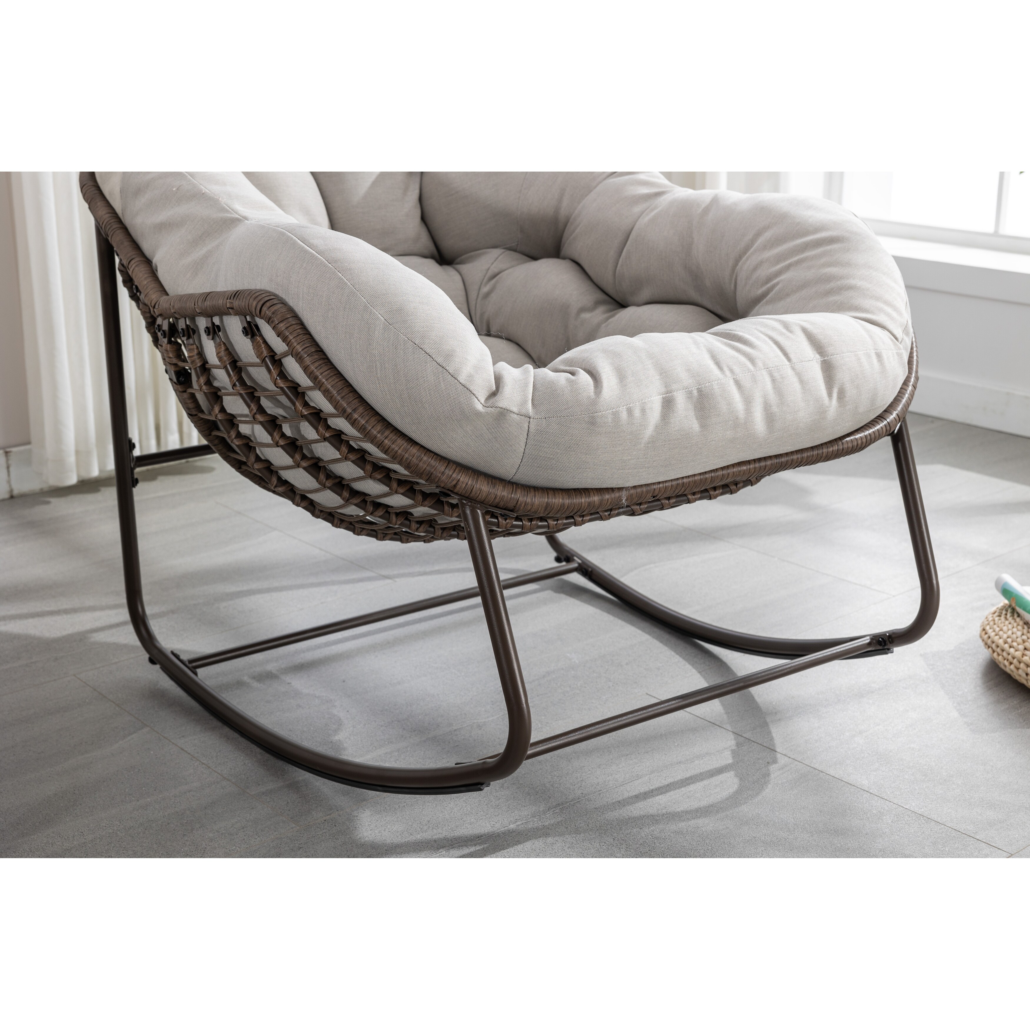 Padded Cushion Rocker Recliner Chair Outdoor Rattan Rocking Chair Grey
