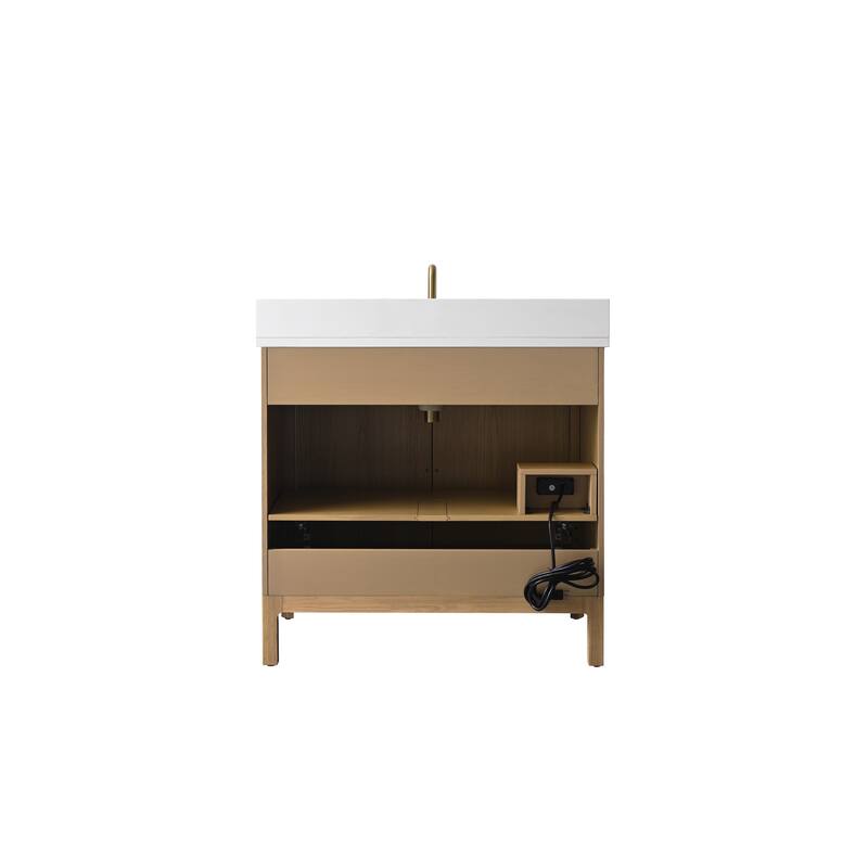 36" Freestanding Bathroom Vanity with Engineered Stone Top, Ceramic Sink, Built-In Power Outlet, and Soft-Close Doors