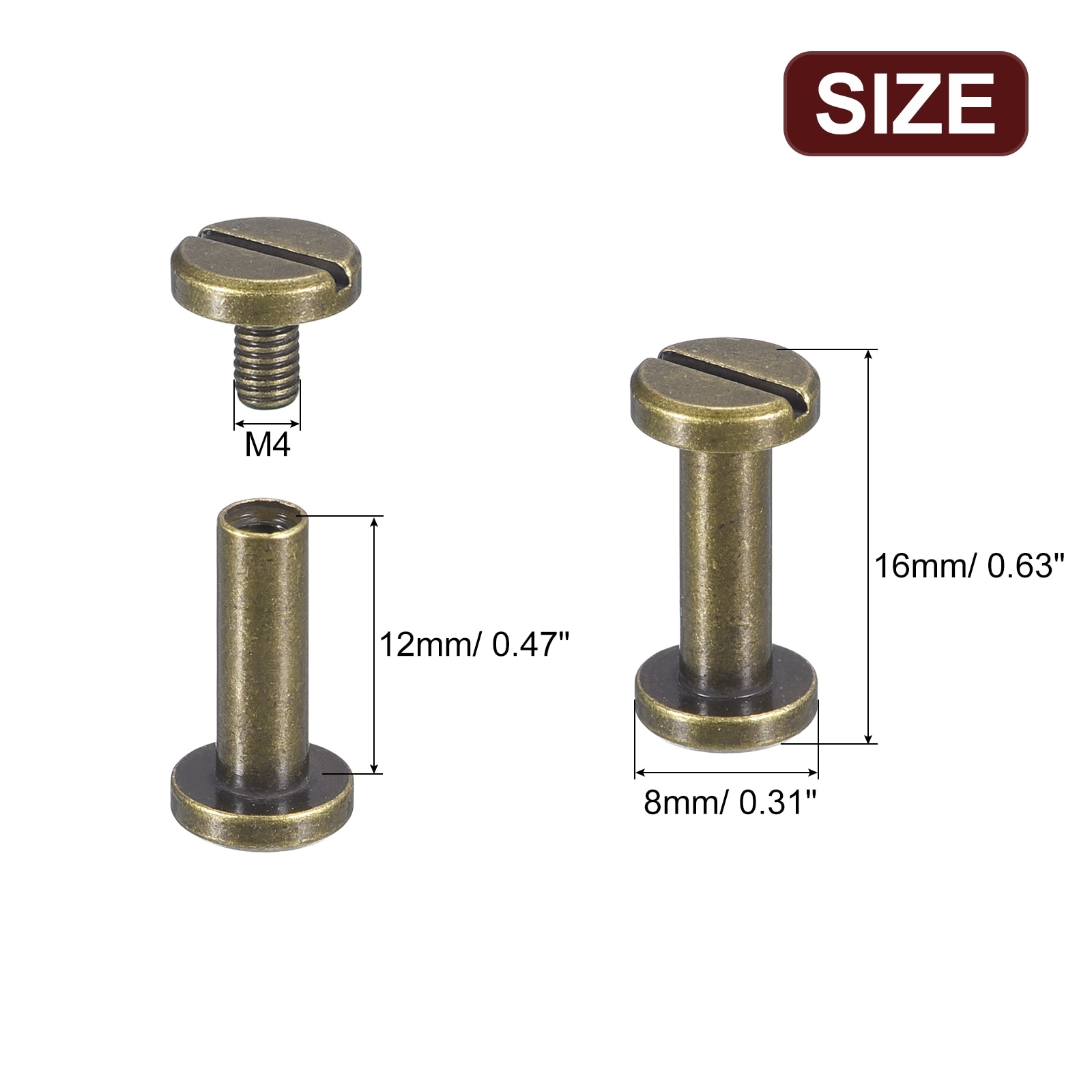 Brass Chicago Screws, Flat Head Screw Back Binding Post Nail Stud Rivets for Leather Craft Belt Strap