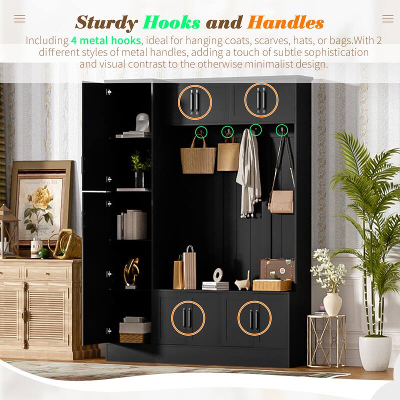 79" Tall Modern Hall Tree with 6 Cabinets, 4 Coat Hooks & Adjustable Shelf - 4-in-1 Entryway Storage Bench