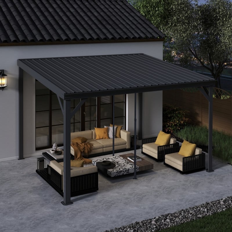 Domi Lean to Gazebo, Outdoor Hardtop Wall Mounted Gazebo with Sloping Galvanized Steel Roof