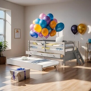 Elegant Low Loft Bed Twin Size with Trundle, Full Safety Fence, Climbing ladder and Storage Drawers, Solid & Sturdy, Grey