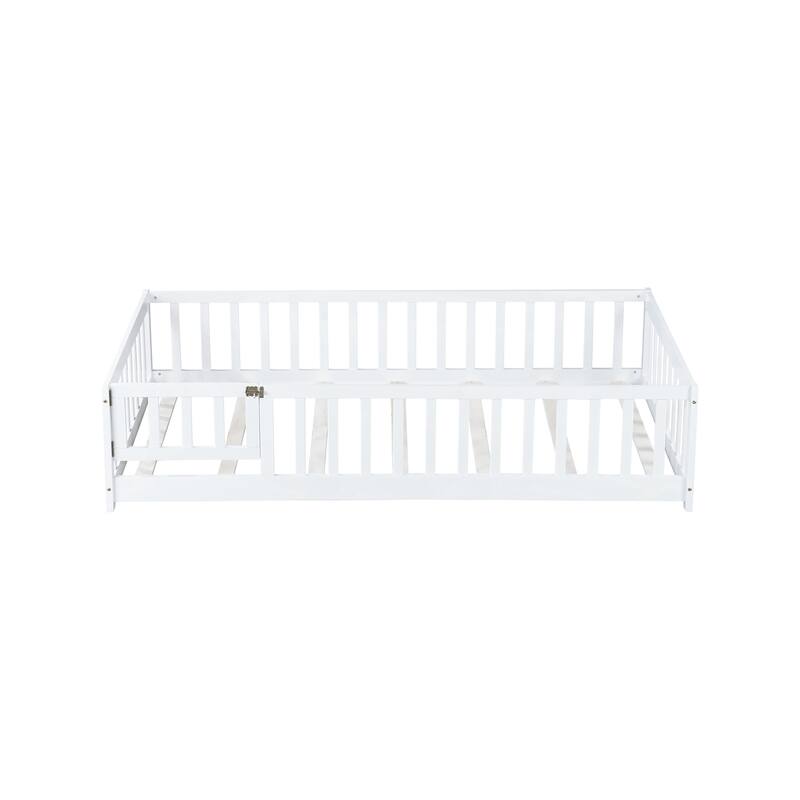 Twin Size Floor Bed with Fence and Door,Rubber Wood Floor Bed with Safety