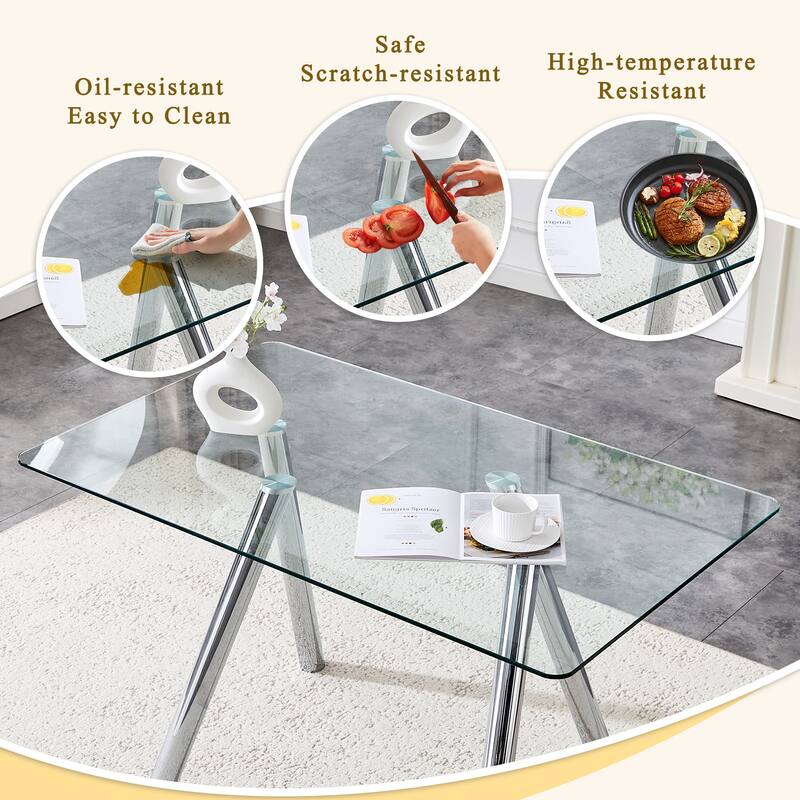 51-Inch Tempered Glass Dining Table with Sturdy Metal Legs