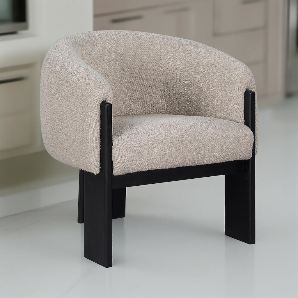 Vala Accent Chair, Modern Plush Beige Boucle Barrel Back, Black Wood