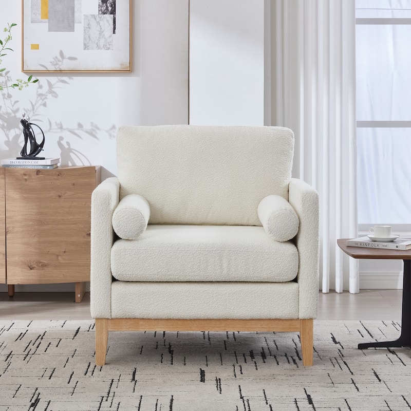 Modern Farmhouse Accent Chair , Wood Base Reading Armchair Single Sofa with Two Bolster Pillows for Living Room