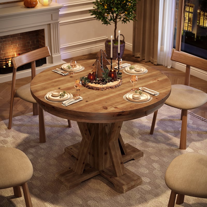 Round Pedestal Dining Table, 39.4-Inch Farmhouse Solid Wood Dinner Table
