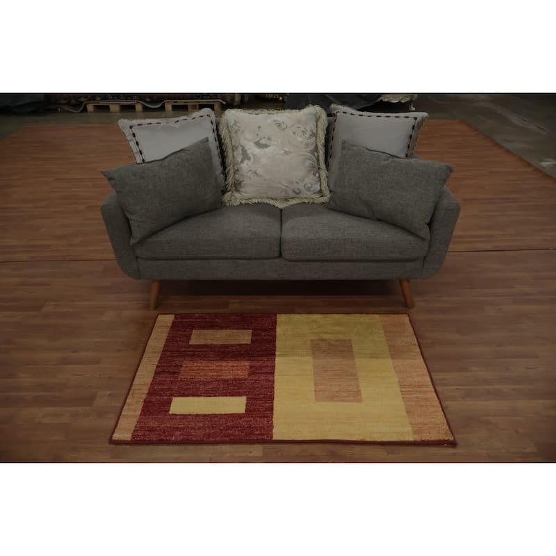 Hand Knotted Oriental 100% Wool Carpet Modern Geometric Multi-Colored Gabbeh Area Rug - 4' 3'' X 2' 8''