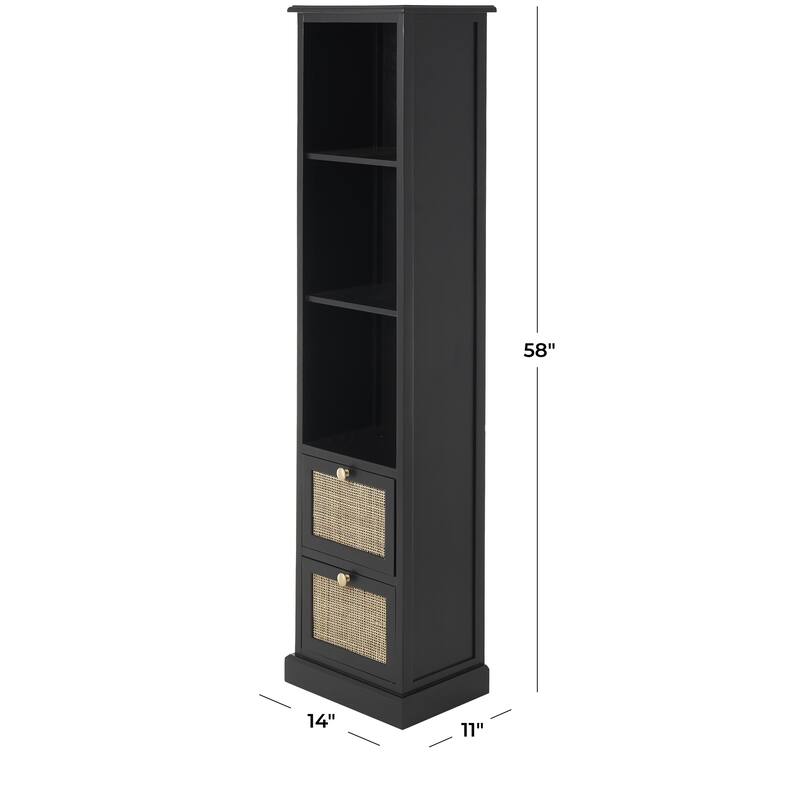 Wood 2 Drawer and 3 Shelf Cabinet with Rattan Front - Black - Roche River Decor