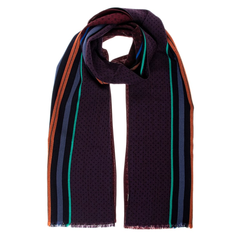 Paul Smith Wool Striped Polka Dot Fringe Scarf - Burgundy, Blue, Green, Orange, and Purple