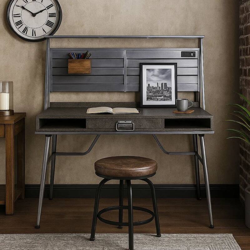 Writing Desk with Industrial Style and 3 Tier Sleek Side Shelves, Oak Brown