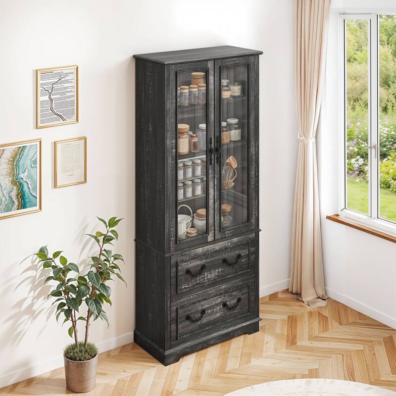 76" Tall Display Cabinet with Glass Doors Bookcase Accent Living Room Hallway - Black