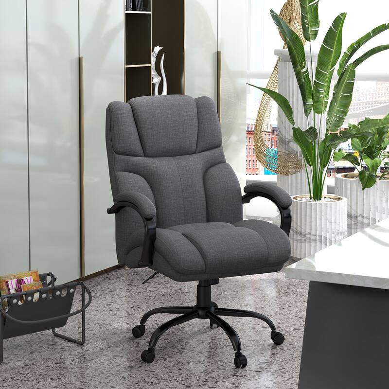 Dark Grey Ergonomic Office Chair Adjustable Height Linen Fabric Swivel and Rocking Chair for Home and Study
