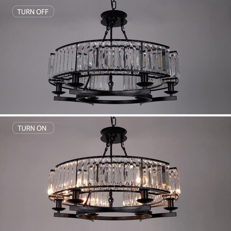 26 in. Round Crystal Chandelier Black Industrial Dining Room Light Fixtures 6-Light for Farmhouse Living Room Foyer