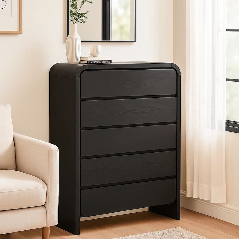 Cave 54 Inch Tall Dresser Chest, Modern Style, 5 Drawers, Black Wood