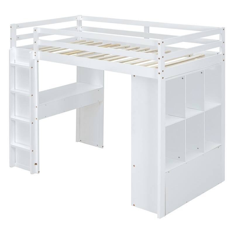 Full Size Loft Bed with large shelves, writing desk and LED Light