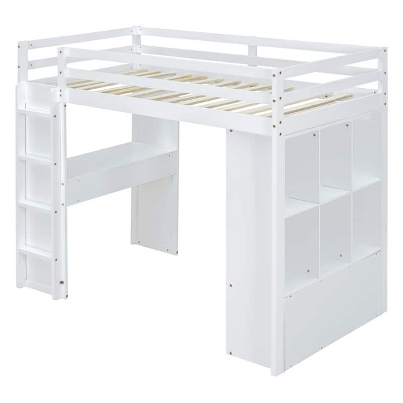 Full Size Solid Wood Loft Bed with Desk,Shelves,and LED Light