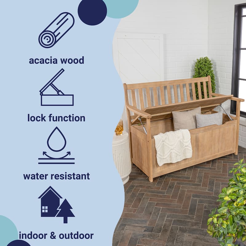 happimess Sophie 48" Traditional Farmhouse Lift-Top Acacia Wood Storage & Entry Bench, Light Teak Matte Finish