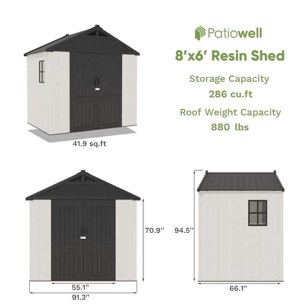 dimension image slide 8 of 10, Patiowell 8' x 6' / 8' x 8' / 8' x 10 '/ 8' x 12' Plastic Outdoor Shed With Floor for Patio Furniture, Tools (Kick-It Shed)