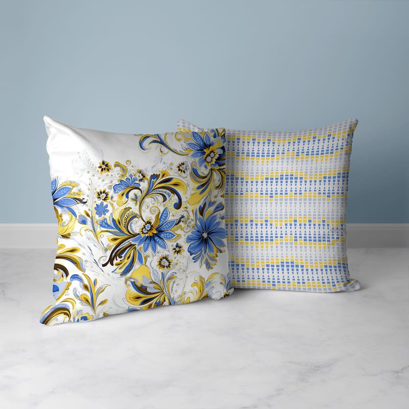 Yellow And Blue Wild Flora Fusion Indoor/Outdoor Throw Pillow Zipper