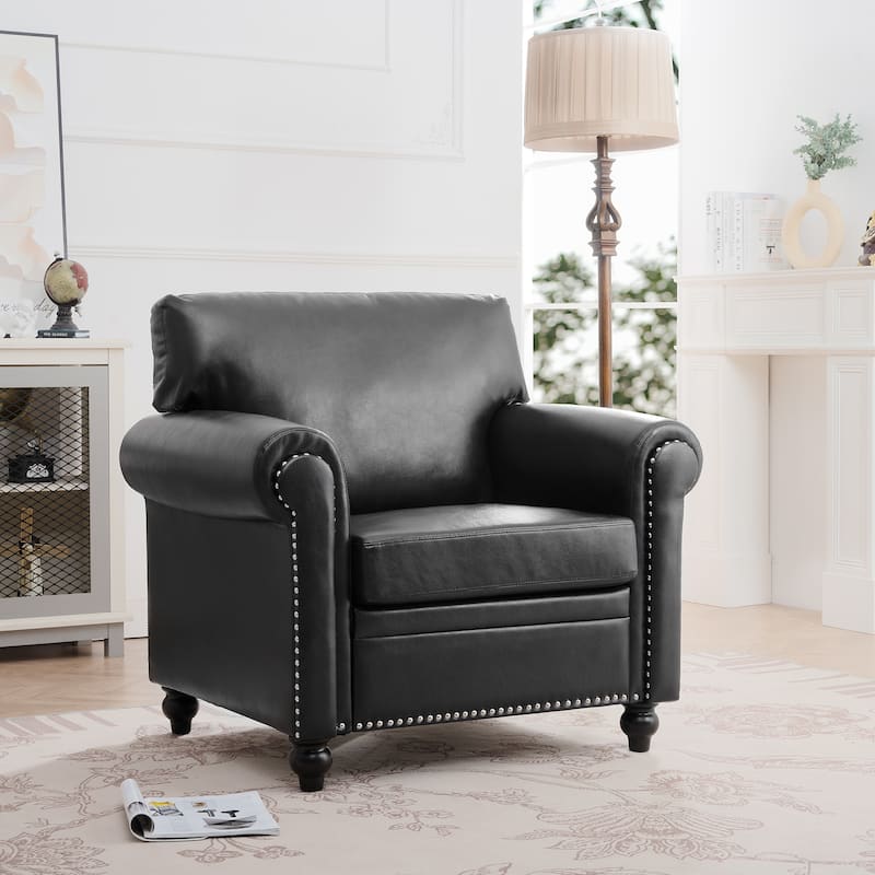 Black PU Modern 37.4" Upholstered Accent Chair with Solid Wood Frame and Nailheads for Living Room