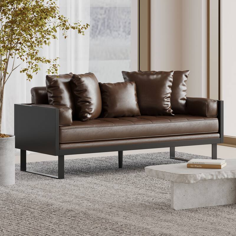Dark Brown PU Loveseat with Contemporary Design and Accent Pillows - Multi-Color