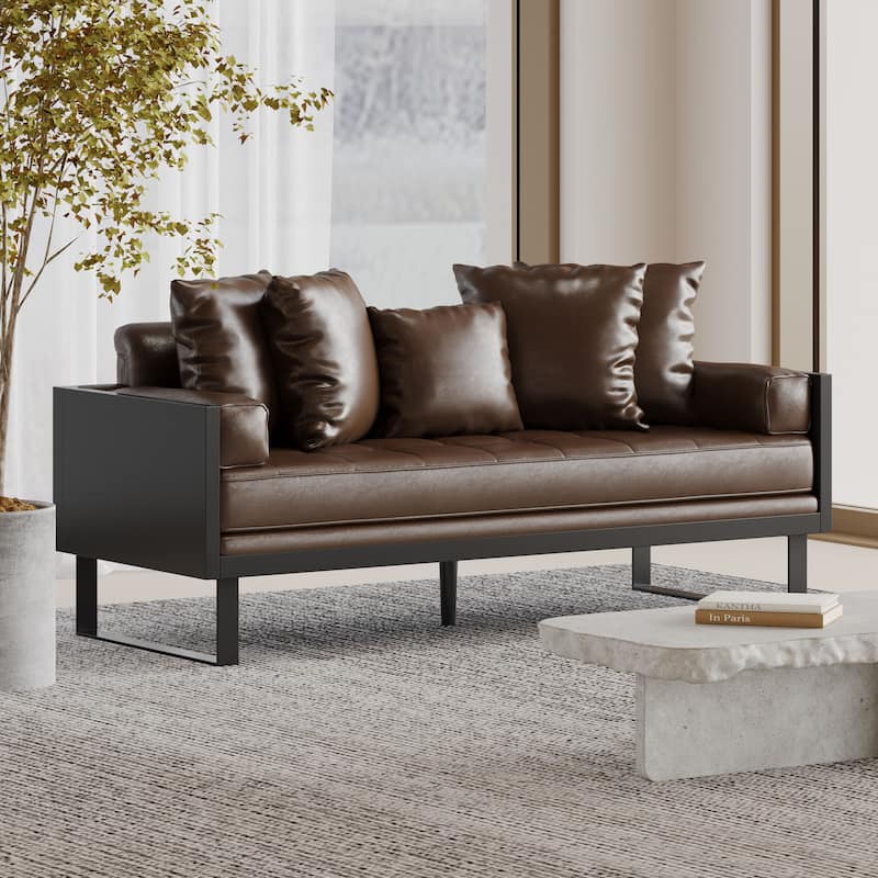 Faux Leather Sofa Couch with Iron Sled Legs, Dark Brown Loveseat Sofa with Two Square Upholstered Pillows, 2 Seater Settee