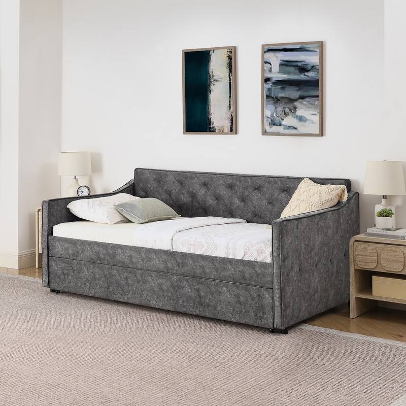 Twin Size Upholstery Daybed with Erectable Trundle and Button-tufted Backrest, USB Charging Design, for Living Room and Bedroom