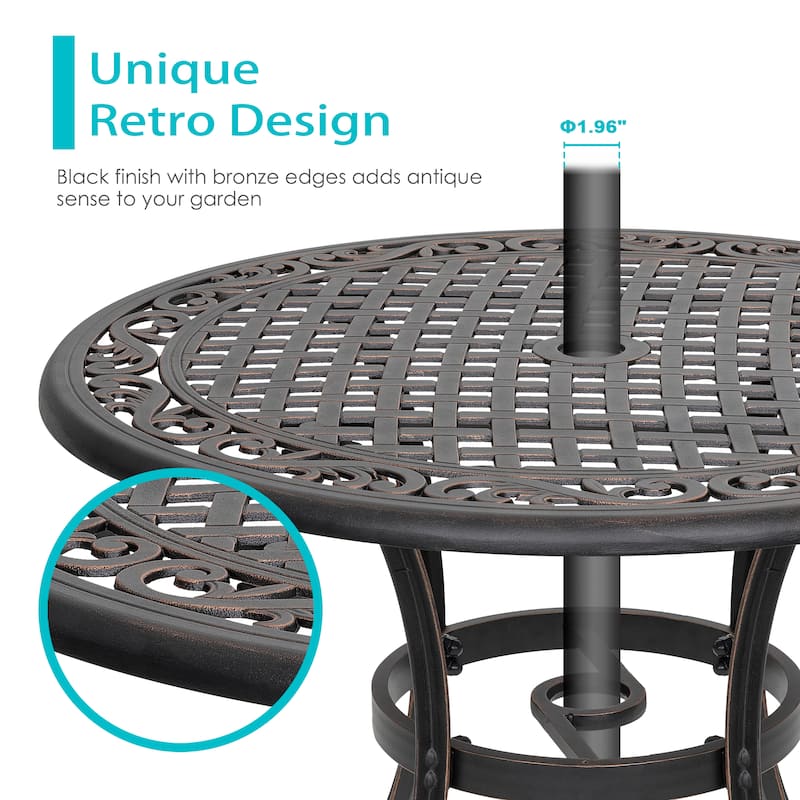 Outdoor 3-Piece Bistro Set with Umbrella Hole, Black with Gold-Painted Edge