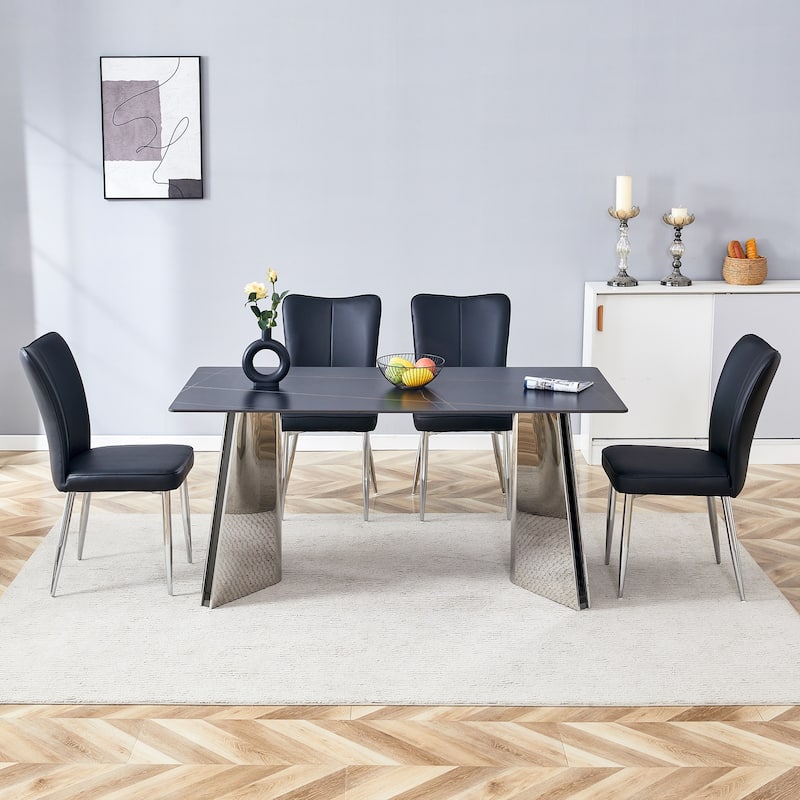 Rectangular Dining Table Set for 4 with PU Chairs, Modern Faux Marble Dining Tabletop, Kitchen Table and Chairs Set for 4 - Black+Silver