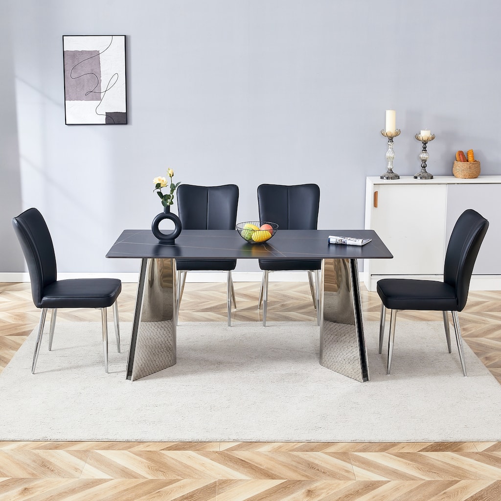 Rectangular Dining Table Set for 4 with PU Chairs, Modern Faux Marble Dining Tabletop, Kitchen Table and Chairs Set for 4
