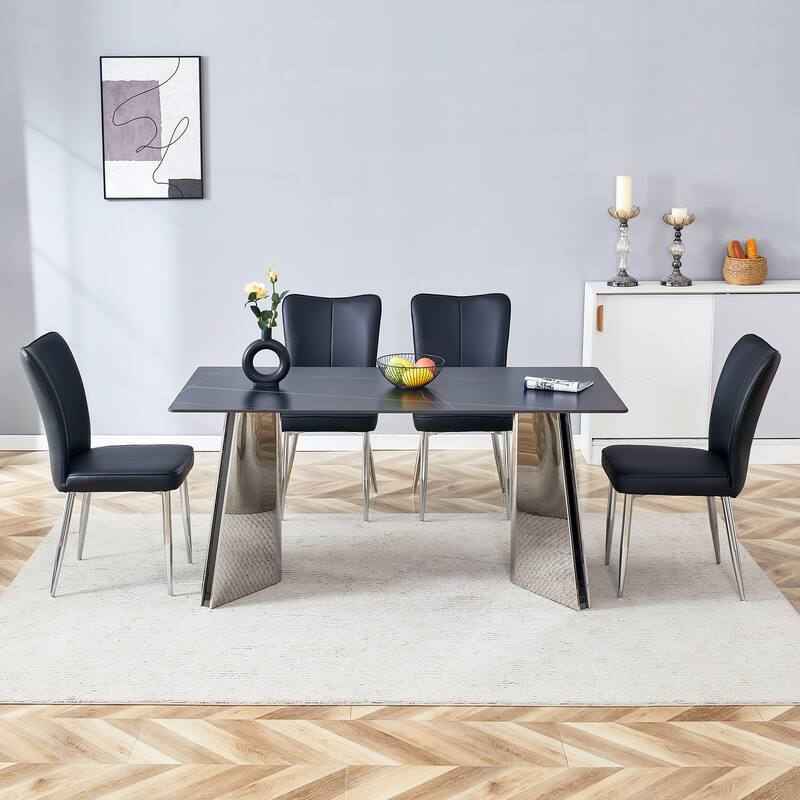 Roomfitters 5pcs Marble Pattern Dining Table Set with Stainless Butterfly Legs and PU Chairs with Stripe Backrest, Black - Black