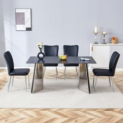 Roomfitters 5pcs Marble Pattern Dining Table Set with Stainless Butterfly Legs and PU Chairs with Stripe Backrest, Black