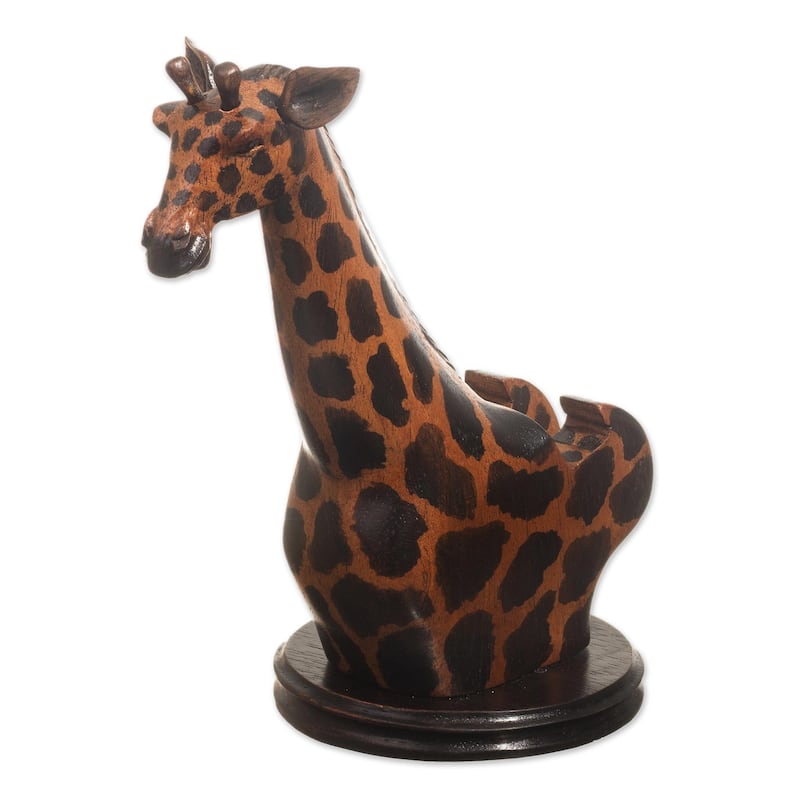 Novica Handmade Elegant Giraffe Wood Cellphone Holder
