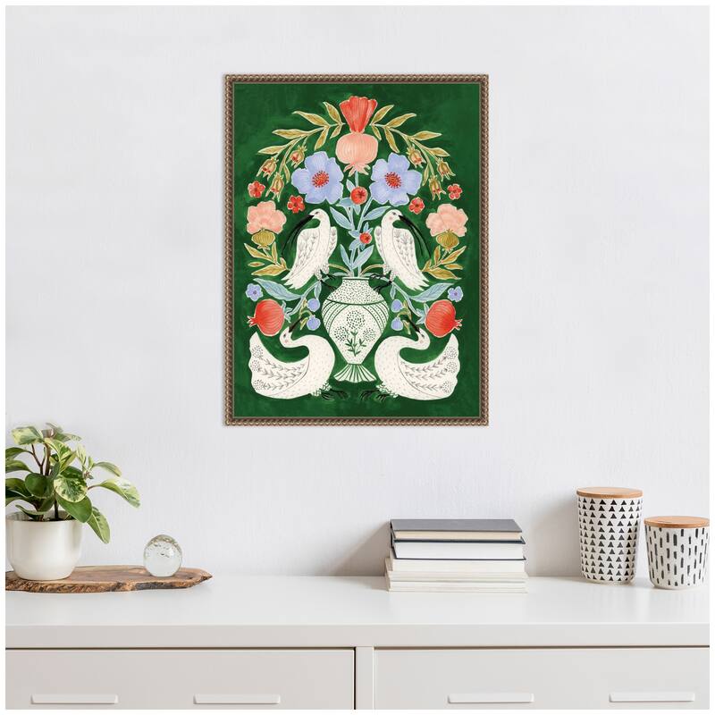 Kate and Laurel Floral Folklore Ibises and Swan by Jill Labieniec Framed Canvas Wall Art Print