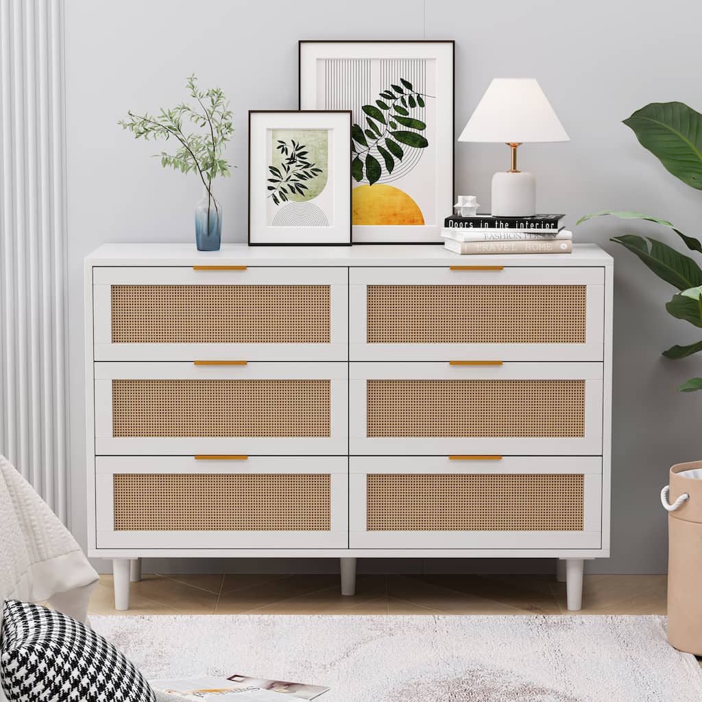 White Rattan Dresser with 6 Drawers Modern Particle Board Storage Chest for Bedroom Living Room Hallway Organization