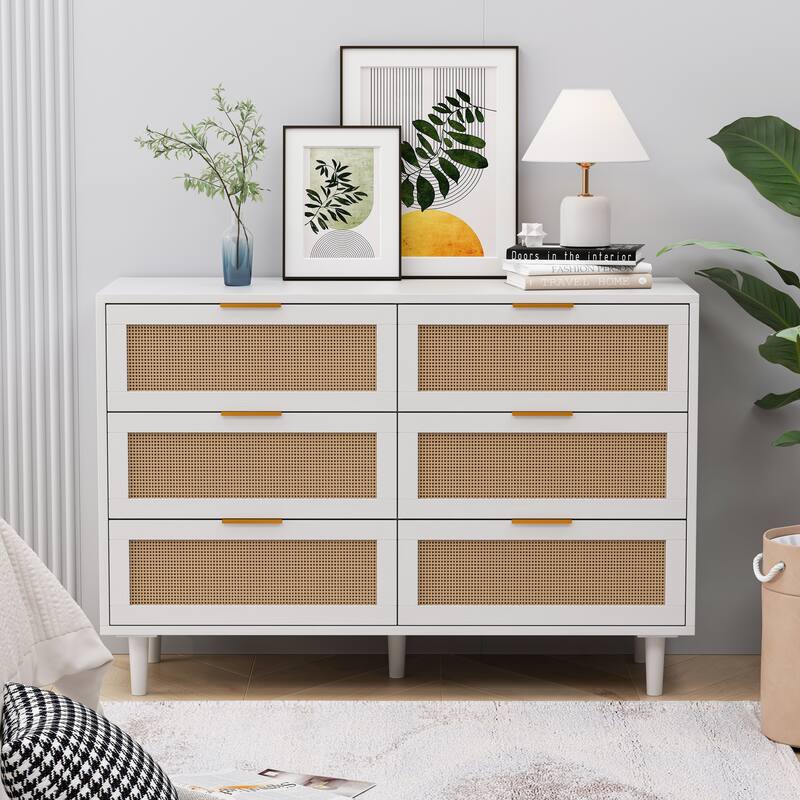 White Rattan Dresser with 6 Drawers Modern Particle Board Storage Chest for Bedroom Living Room Hallway Organization - White-43.91"