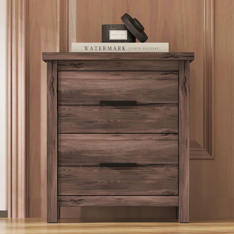 Dark Walnut Vintage Nightstand with Two Spacious Drawers, Simple & Modern Design