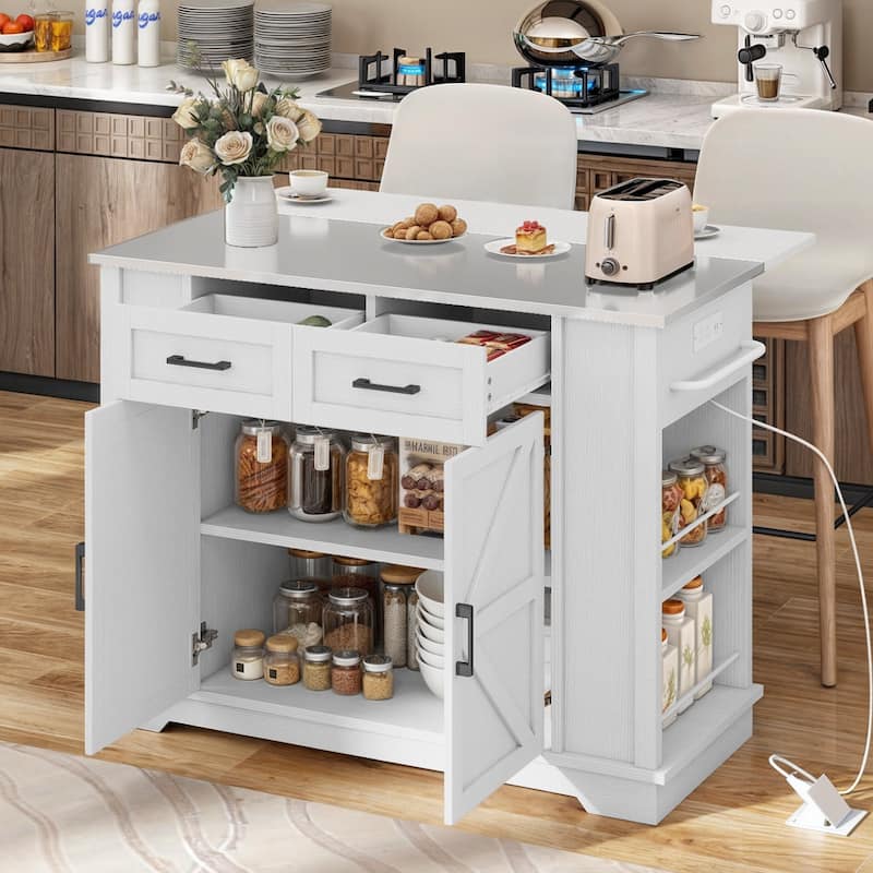 Moasis Drop Leaf Kitchen Island Cart with Stainless Steel Top And Power Outlets - White