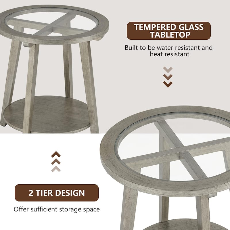 COSIEST 2-Tier Silver Round Glass Table for Living Room - 22" W x 22" D x 24"H