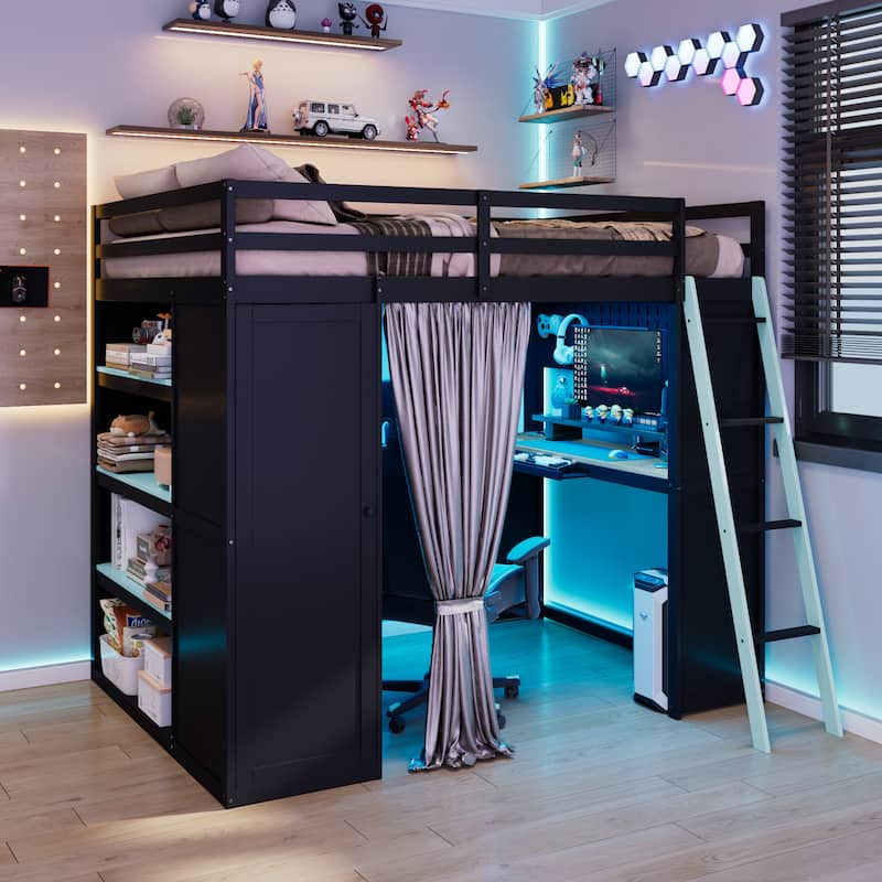 Full Size Wood Loft Bed with, Wardrobe, Shelves, Blackout Curtains, and RGB Lights - Black+Blue