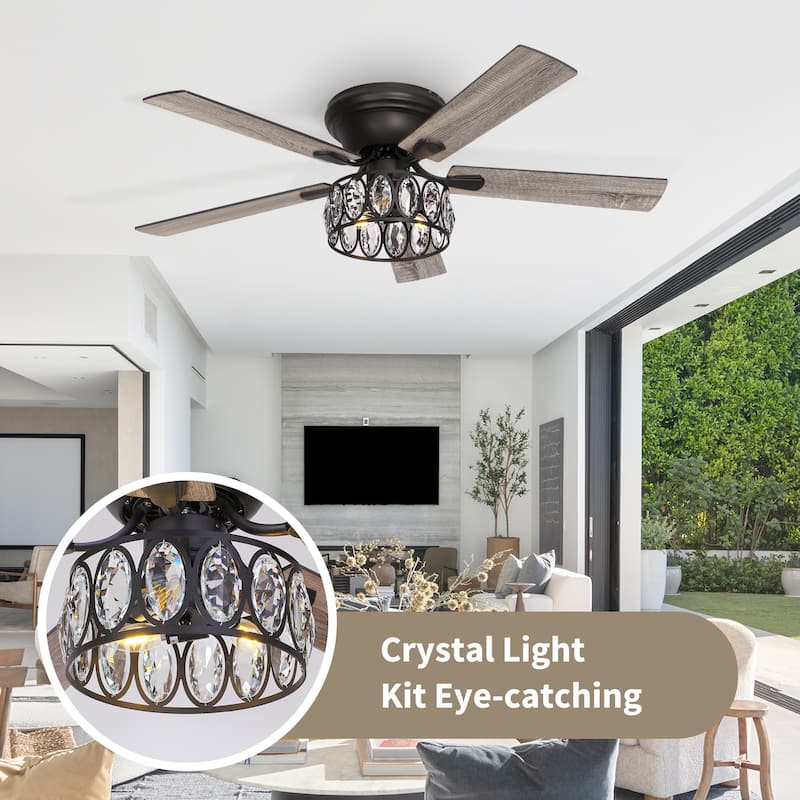 52" Flush Mount 5-Blade Modern Crystal Indoor Ceiling Fan with Light Kit and Remote