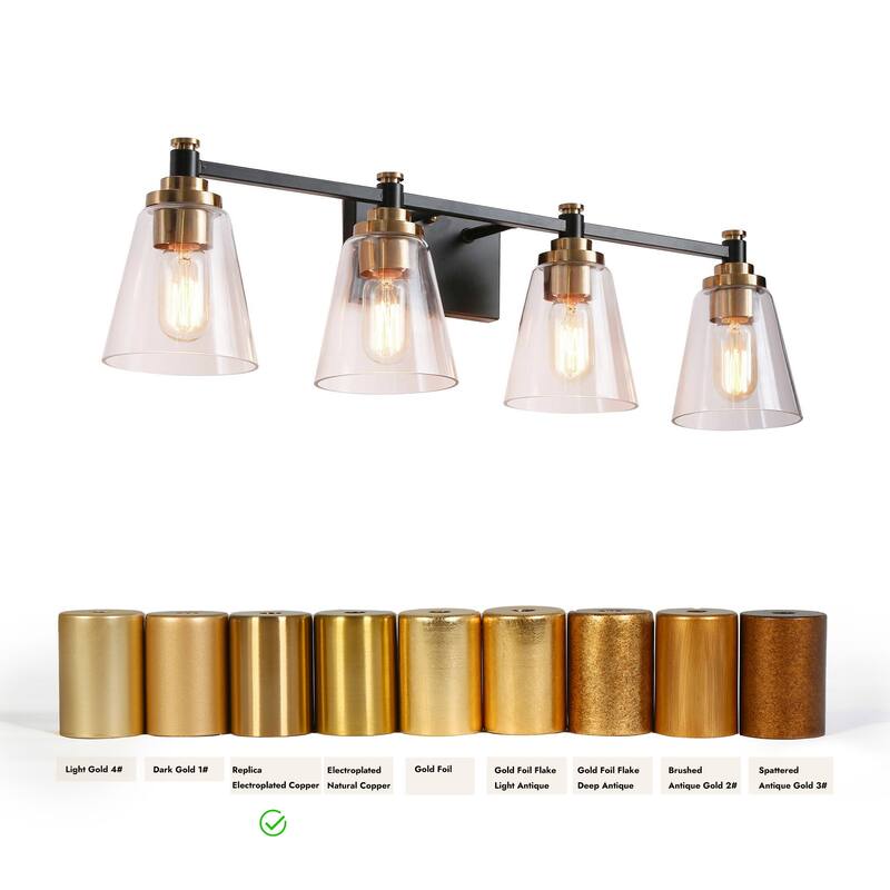 4-Light Modern Black Gold Bathroom Vanity Lights Glass Wall Sconces
